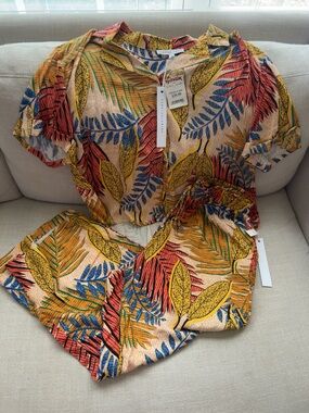 NWT Jane + Delancey Tropical Leaf 2-Piece MatchingSet Button Top & Wide Leg Pant